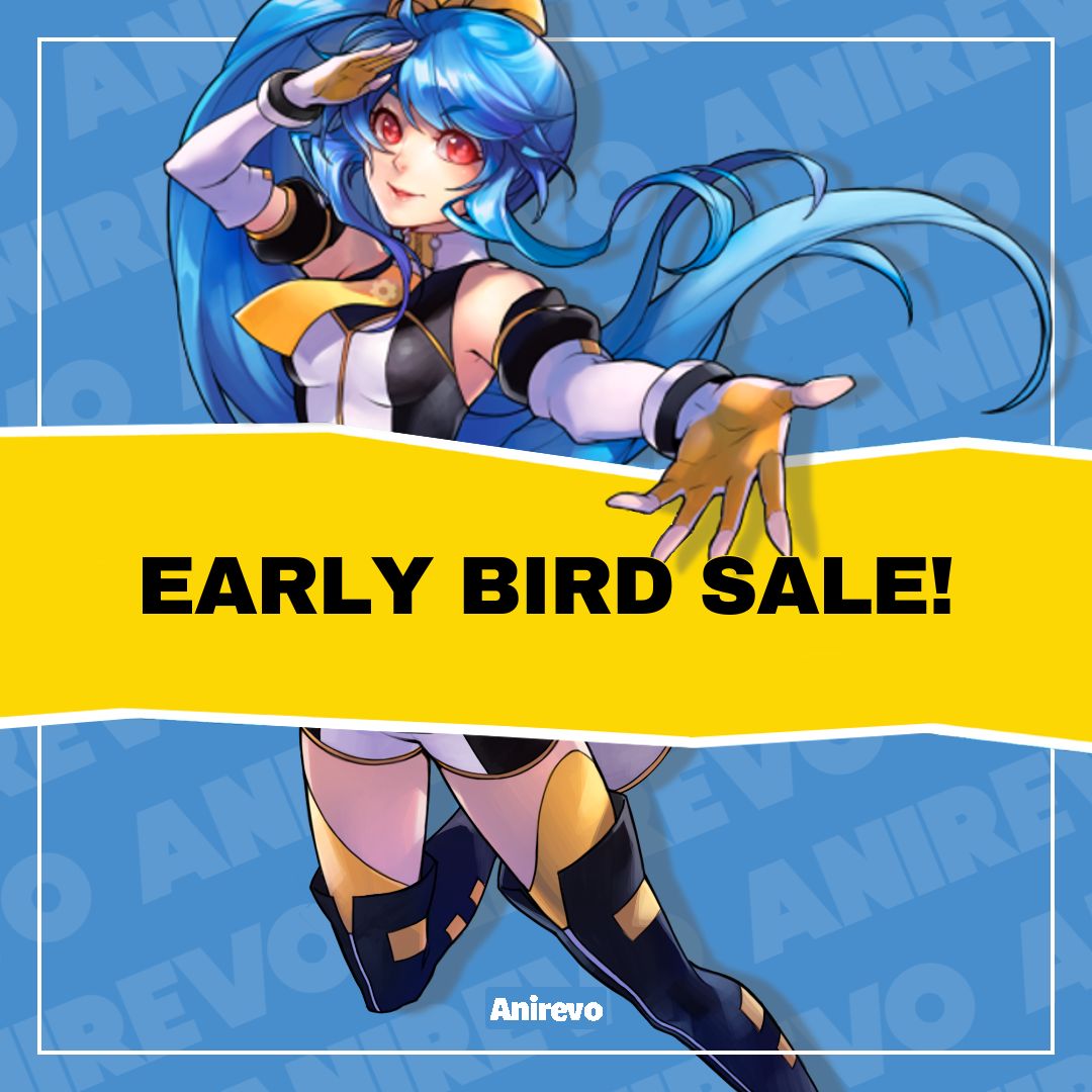 Anime revolution mascot senmei on a blue background displaying a banner that says early bird sale!
